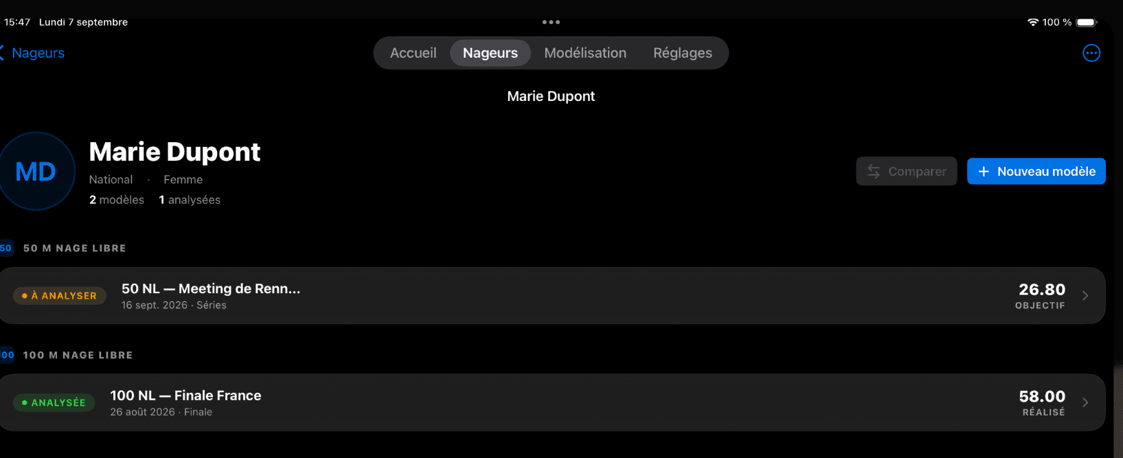 Screenshot of a swimmer's profile with her models and races